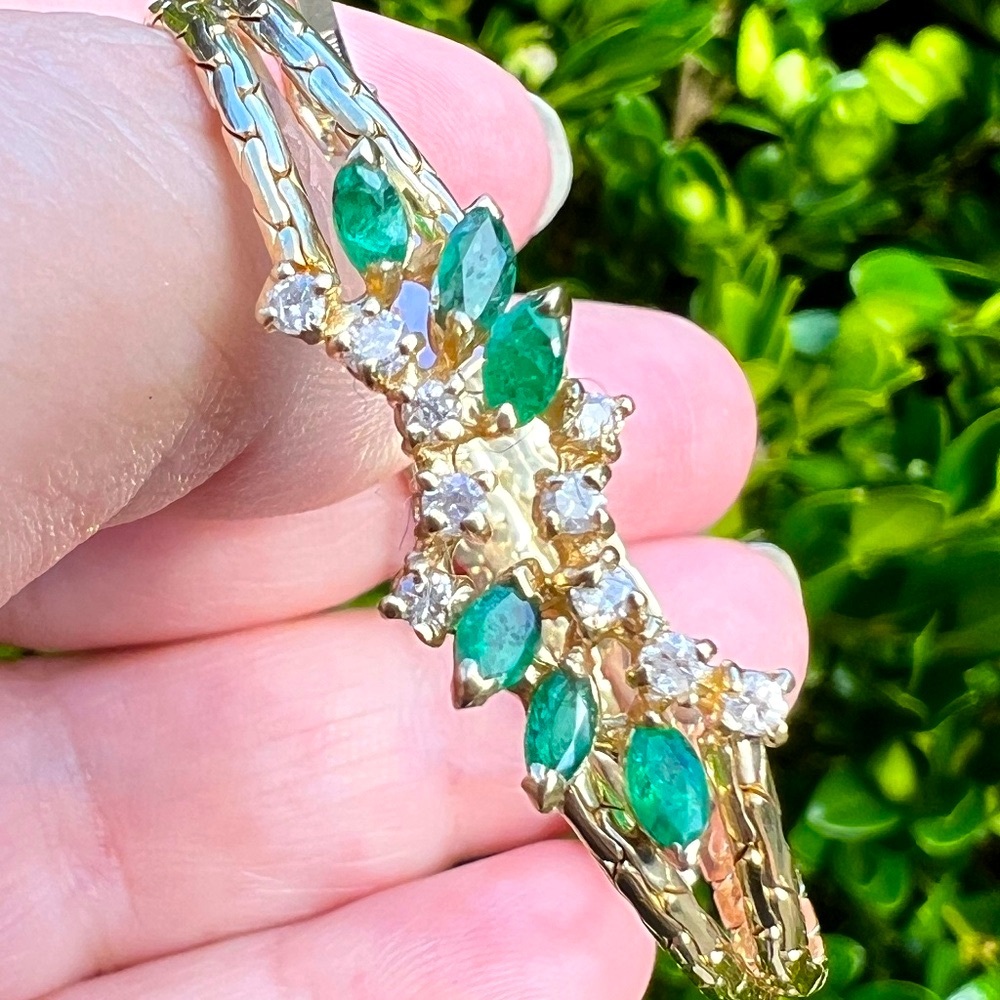 VINTAGE 14K YELLOW EMERALD DIAMOND BRACELET SNAKE CHAIN UNIQUE CUSTOM MADE ITALY